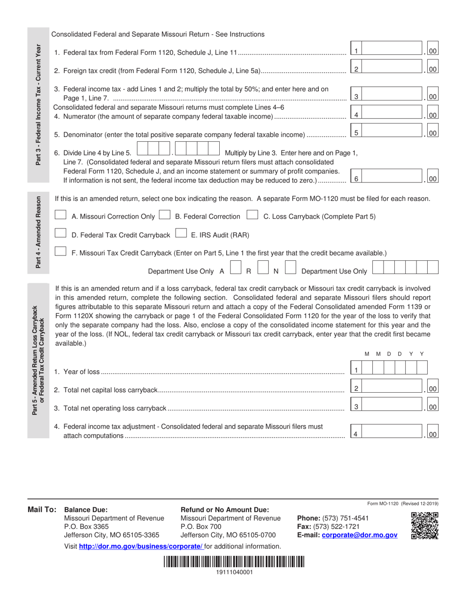 Form MO-1120 Corporation Income Tax Return - Missouri, Page 4