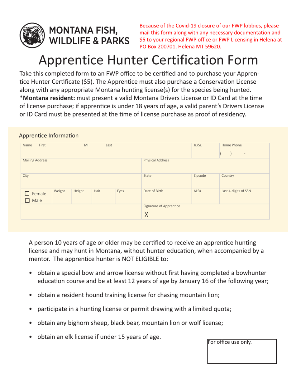 Apprentice Hunter Certification Form - Montana, Page 1