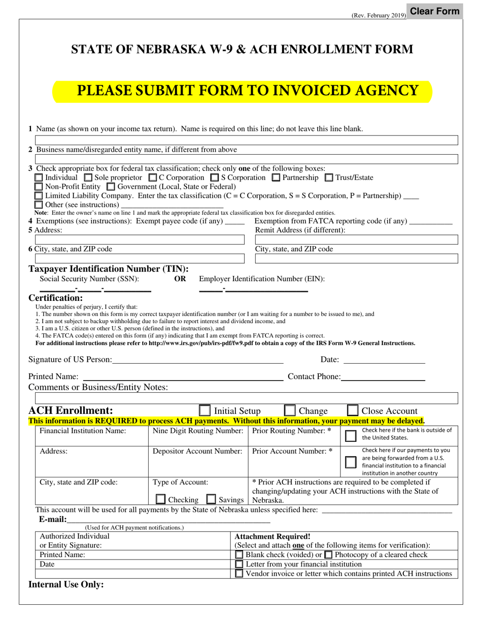 State of Nebraska W-9  ACH Enrollment Form - Nebraska, Page 1