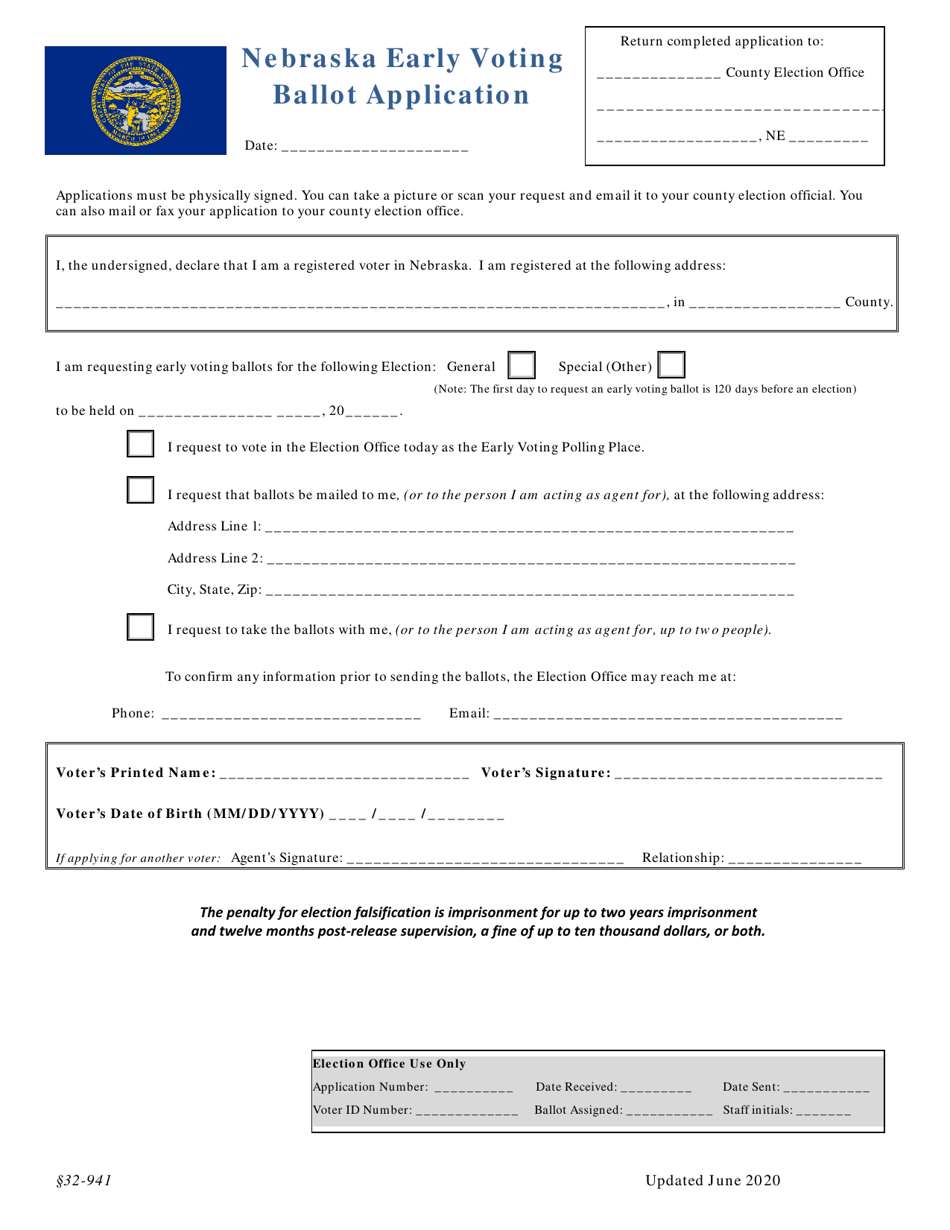 Nebraska Early Voting Ballot Application Form - Nebraska, Page 1