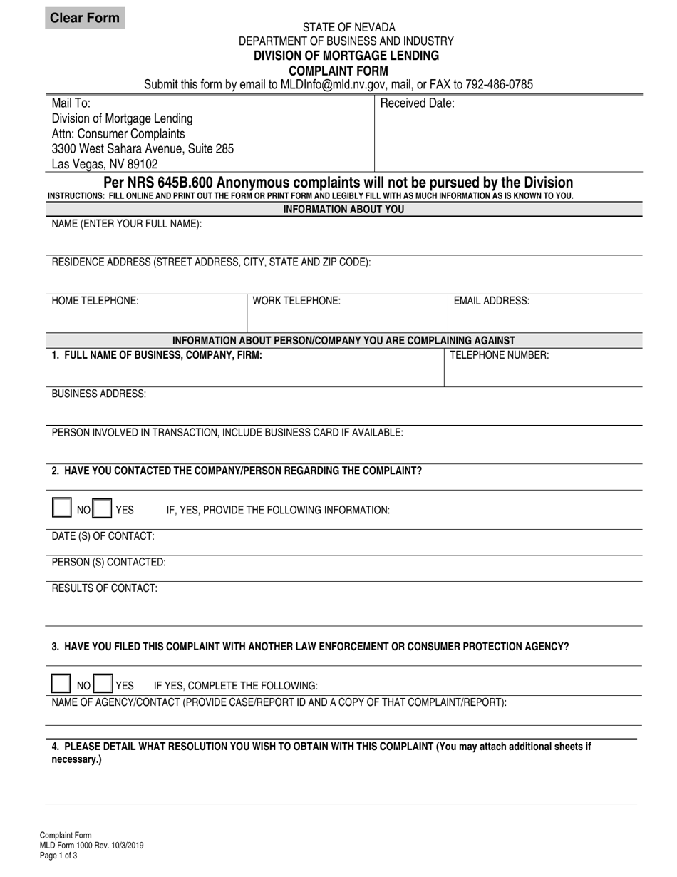 MLD Form 1000 Complaint Form - Nevada, Page 1