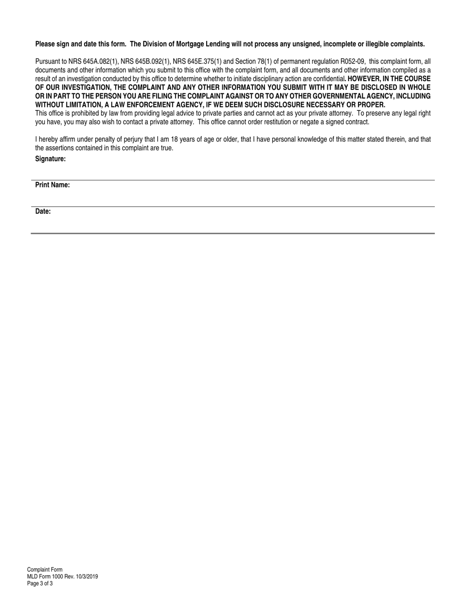 MLD Form 1000 Complaint Form - Nevada, Page 3