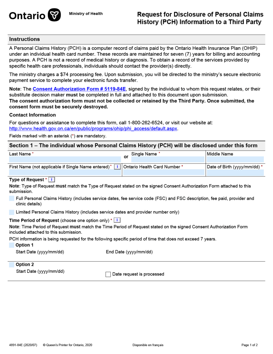 Form 4891-84 Request for Disclosure of Personal Claims History (Pch) Information to a Third Party - Ontario, Canada, Page 1