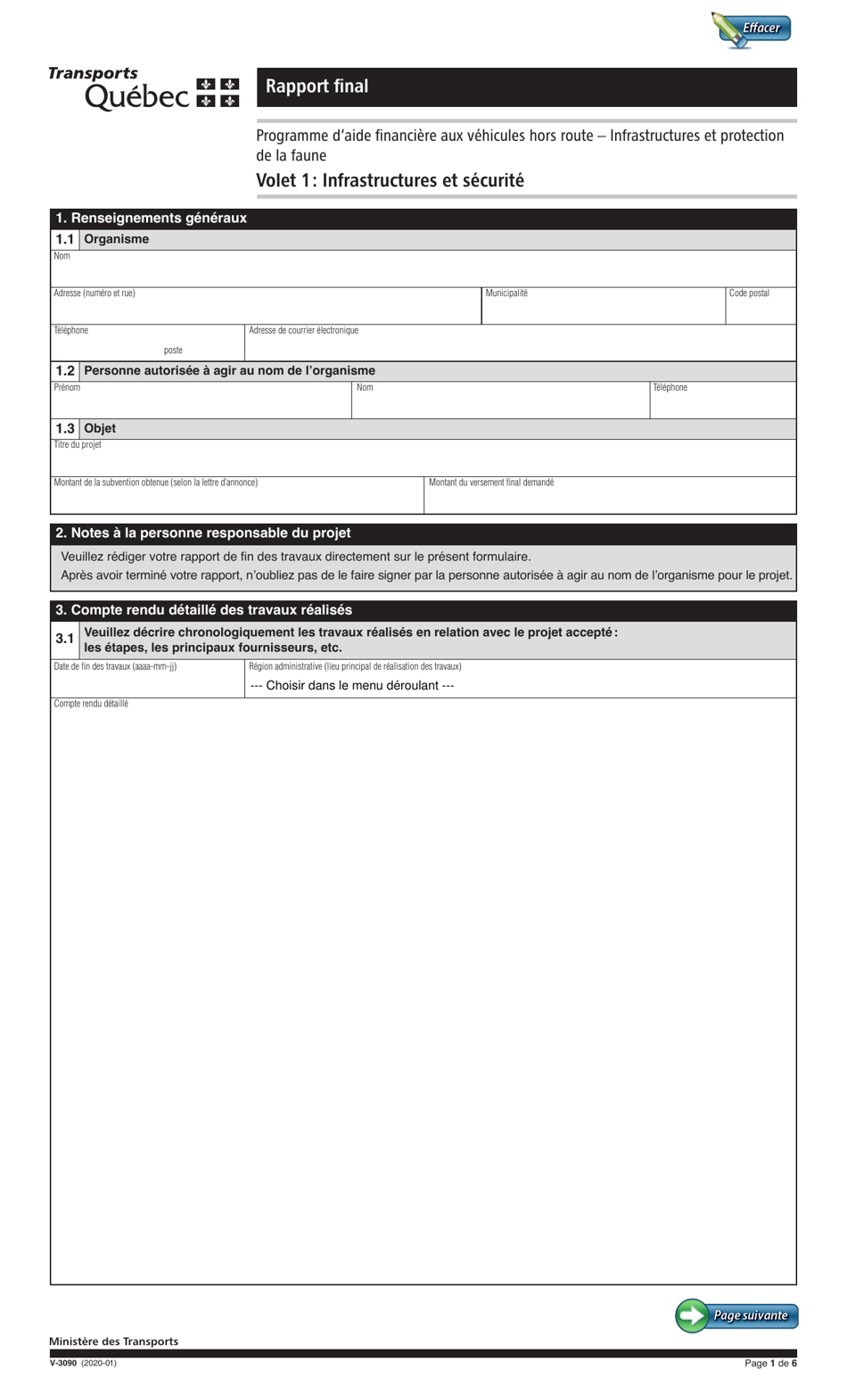 Forme V-3090 Rapport Final - Quebec, Canada (French), Page 1