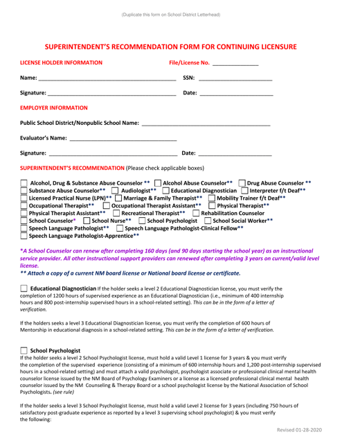 Superintendent's Recommendation Form for Continuing Licensure - Instructional Support Provider - New Mexico Download Pdf