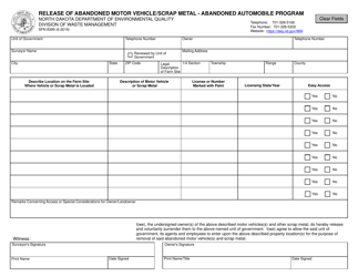 Form SFN8399 Release of Abandoned Motor Vehicle/Scrap Metal - Abandoned Automobile Program - North Dakota