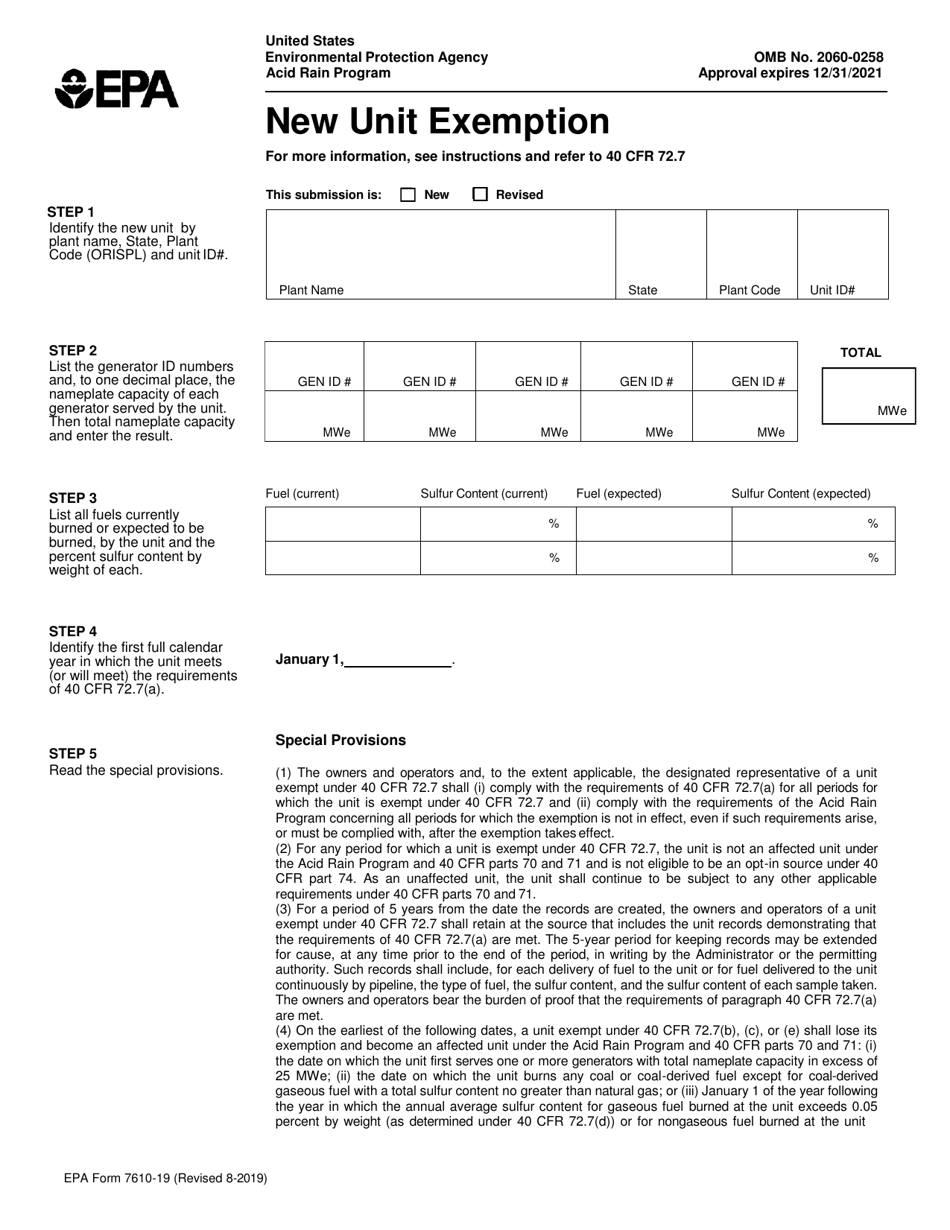EPA Form 7610-19 New Unit Exemption, Page 1