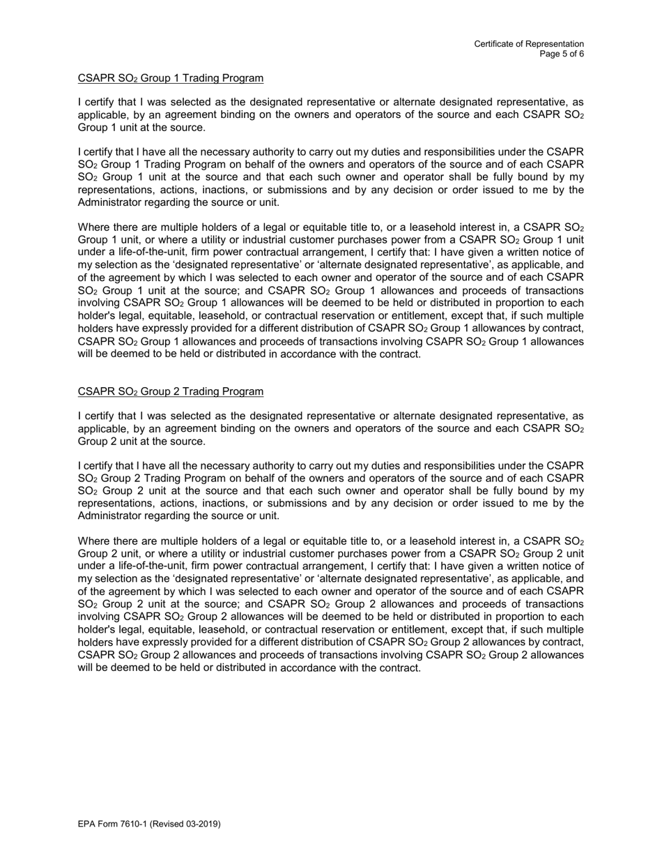 EPA Form 7610-1 Certificate of Representation, Page 5