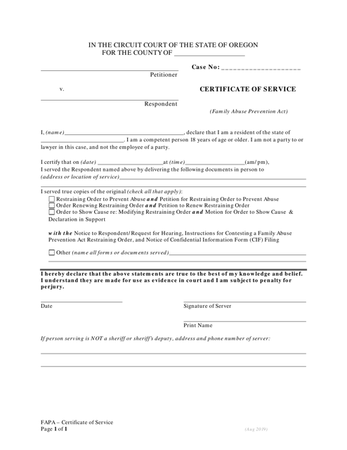 Certificate of Service (Family Abuse Prevention Act) - Oregon
