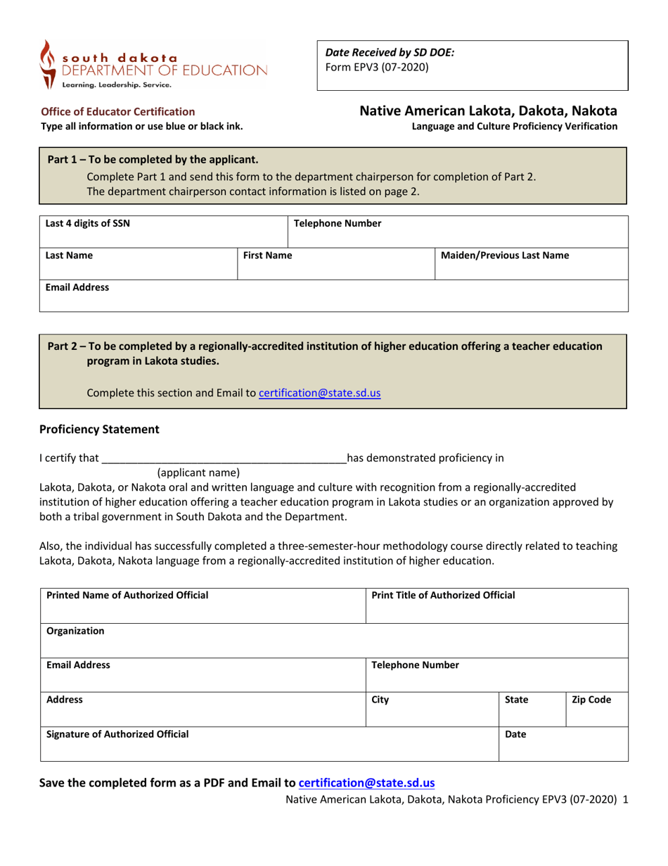 Form EPV3 Native American Lakota, Dakota, Nakota Language and Culture Proficiency Verification - South Dakota, Page 1