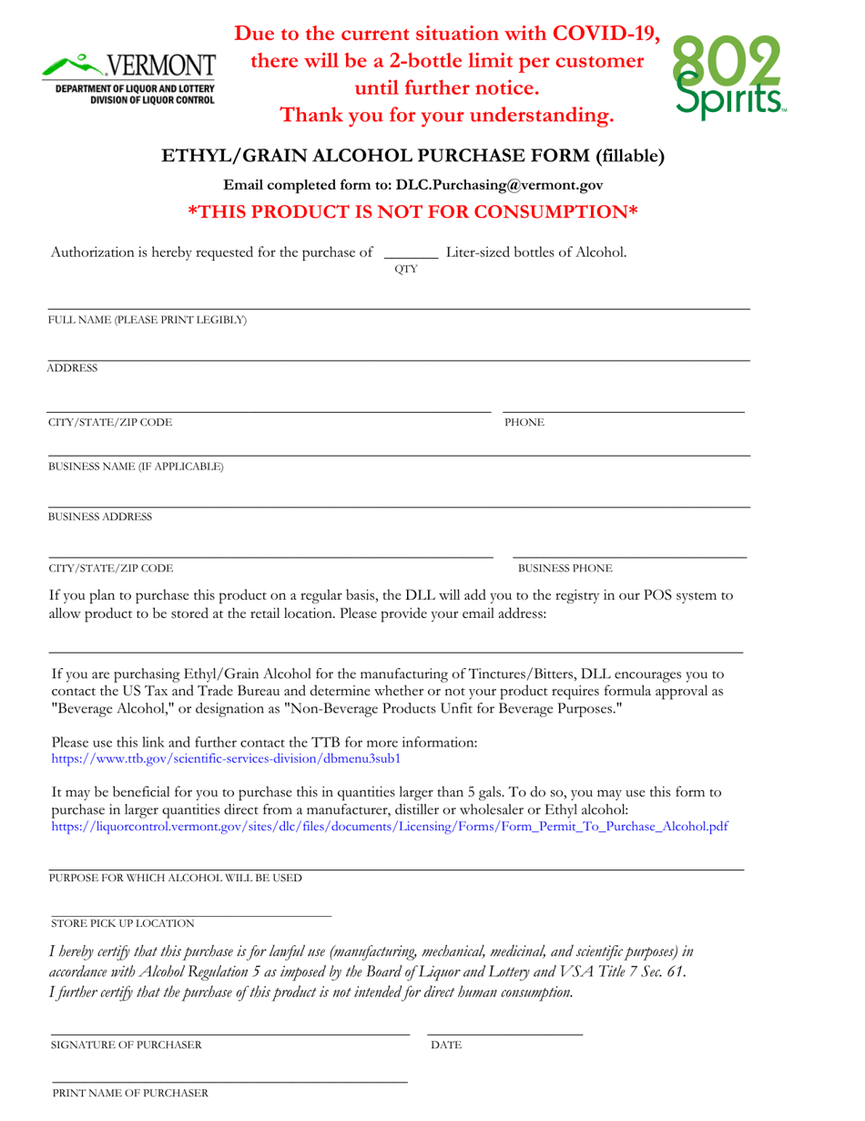 Ethyl / Grain Alcohol Purchase Form - Vermont, Page 1