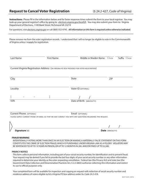 Form ELECT-427A Request to Cancel Voter Registration - Virginia