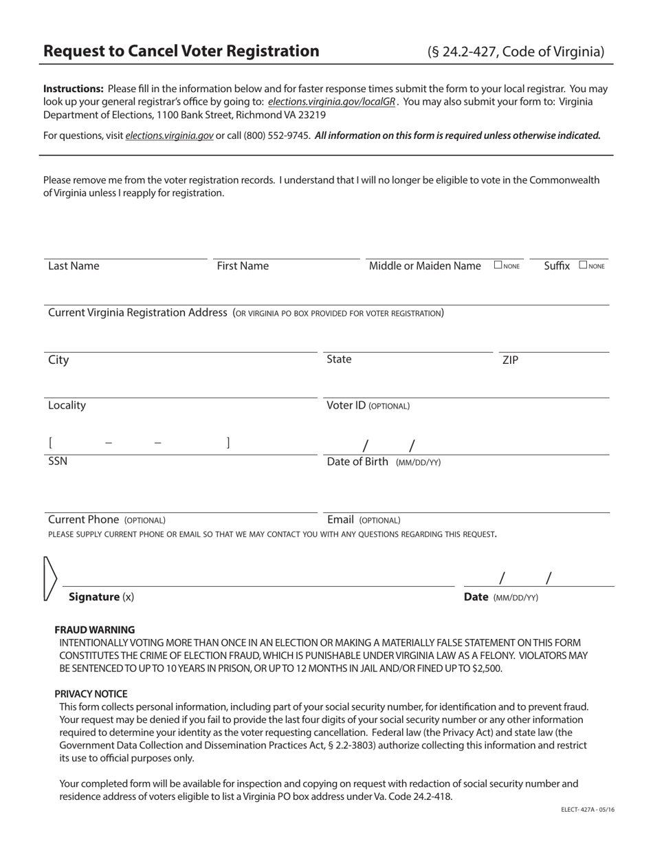 Form Elect 427a Fill Out Sign Online And Download Printable Pdf Virginia Templateroller 4343