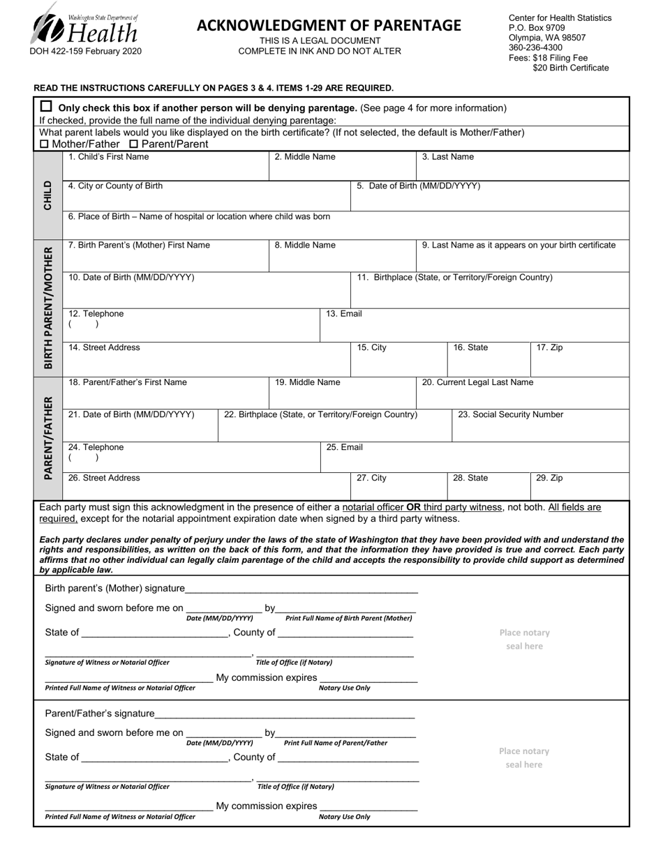 DOH Form 422-159 Acknowledgment of Parentage - Washington, Page 1