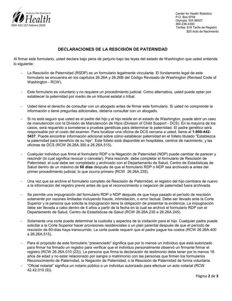 DOH Formulario 422-157 Formulario De La Rescision De Paternidad - Washington (Spanish), Page 2
