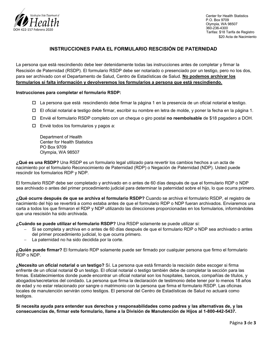 DOH Formulario 422-157 Formulario De La Rescision De Paternidad - Washington (Spanish), Page 3