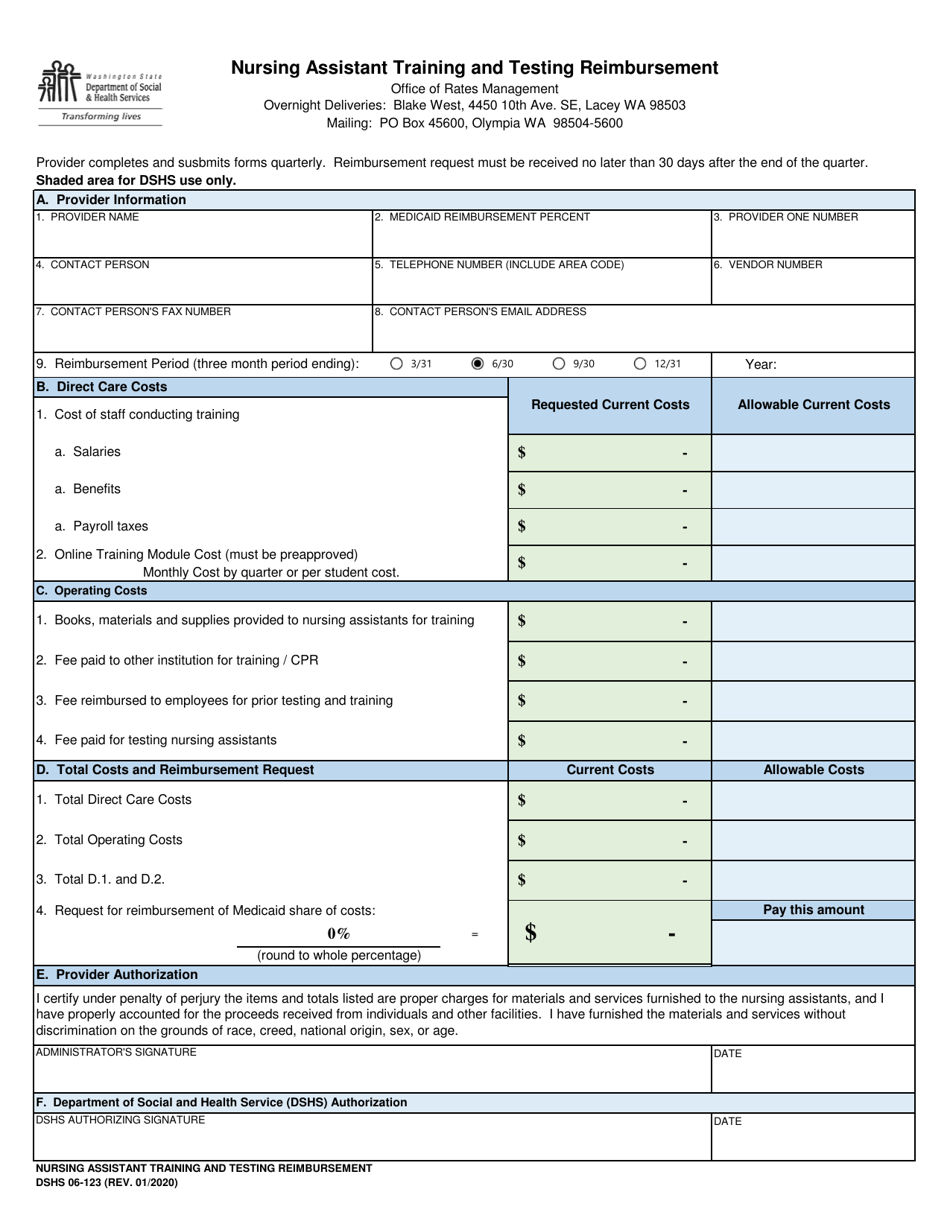 DSHS Form 06-123 Nursing Assistant Training and Testing Reimbursement - Washington, Page 1