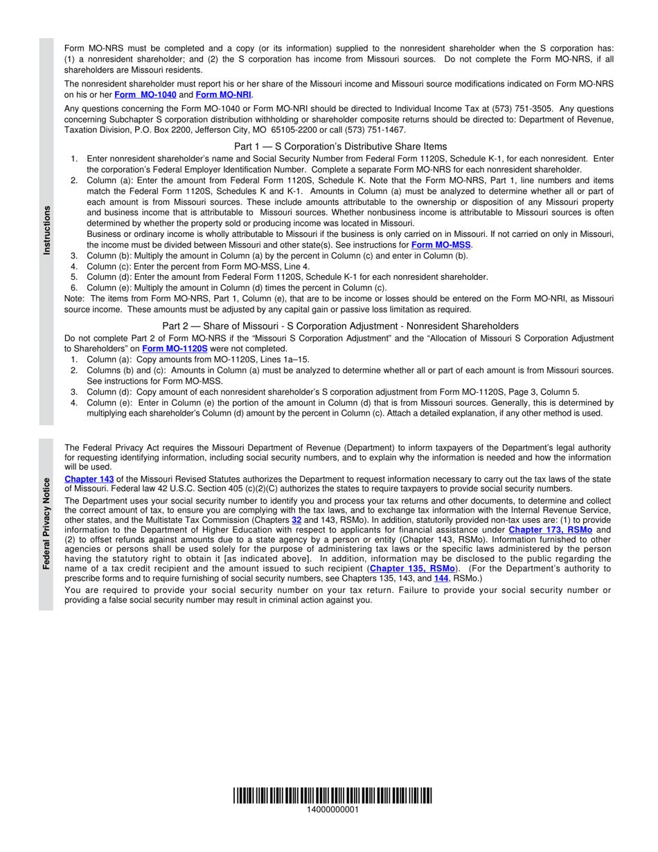 Form MO-NRS S Corporation Nonresident Form - Missouri, Page 3
