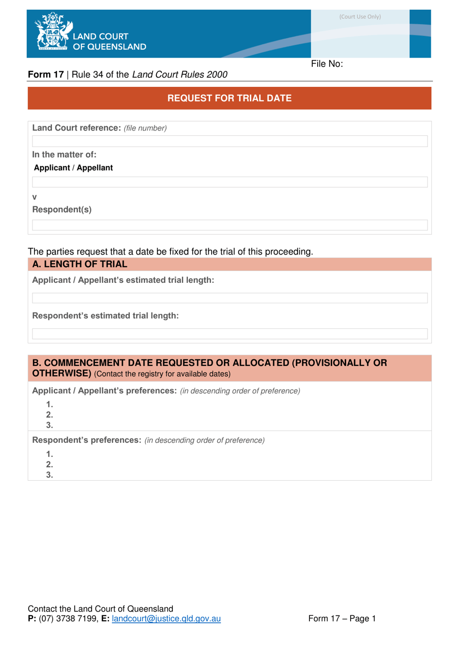 Form 17 Request for Trial Date - Queensland, Australia, Page 1