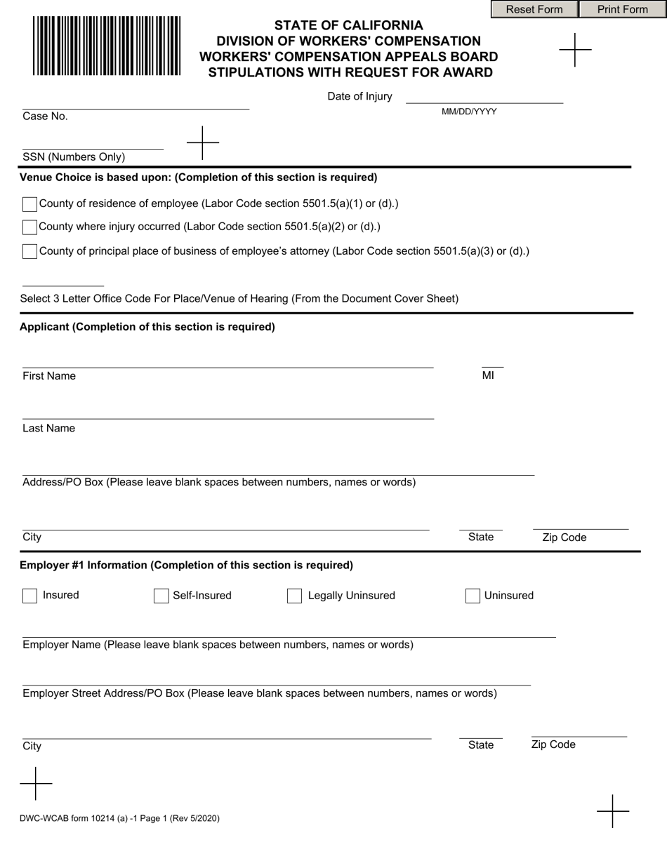 DWC-CA Form 10214 (A) Stipulations With Request for Award - California, Page 1