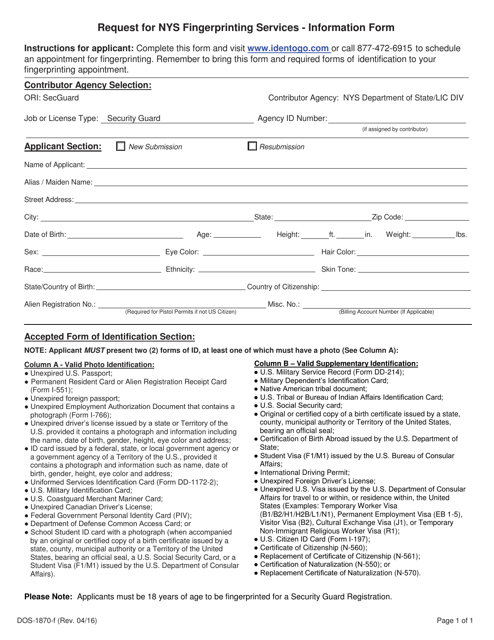 Form DOS-1870-F Request for NYS Fingerprinting Services - Information Form - New York