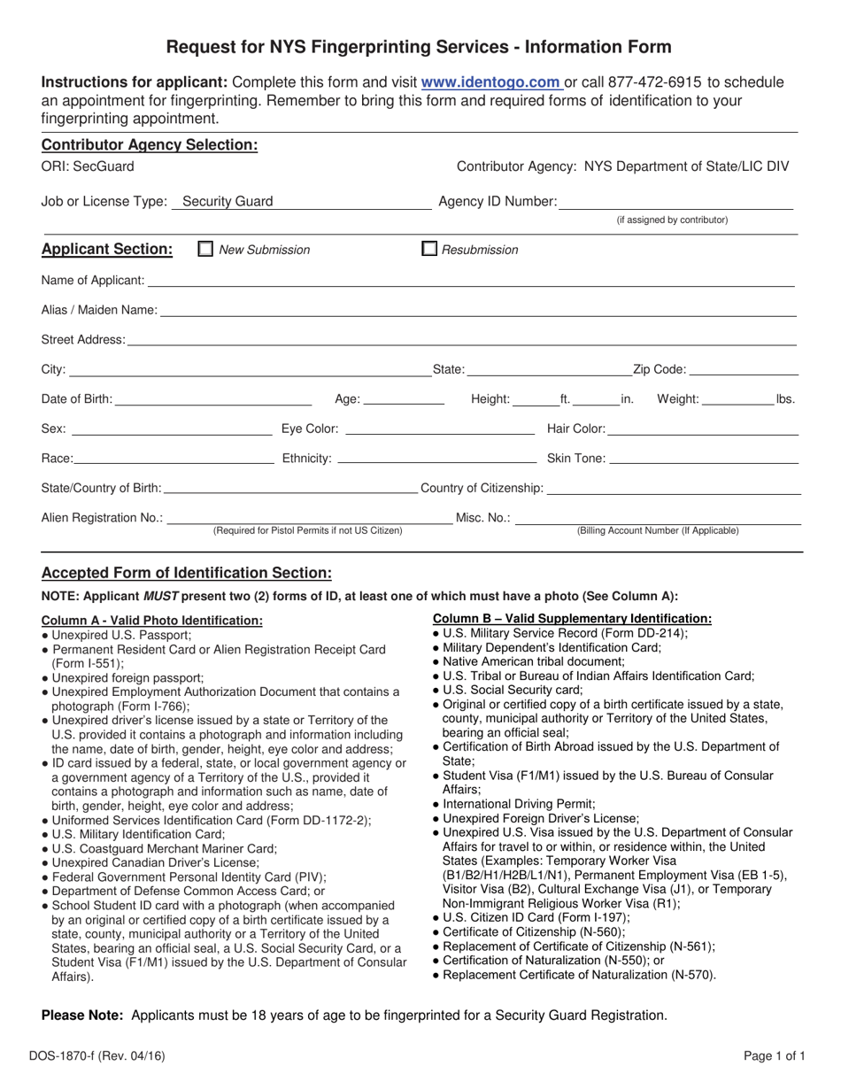 Form DOS-1870-F Request for NYS Fingerprinting Services - Information Form - New York, Page 1