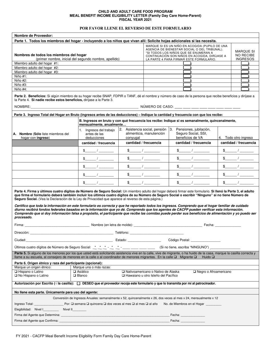 Carta De Elegibilidad Por Ingresos Para Recibir La Asistencia Alimenticia De CACFP (Hogar Familiar De Cuidado Diurno - Padres) - Arizona (Spanish), Page 2