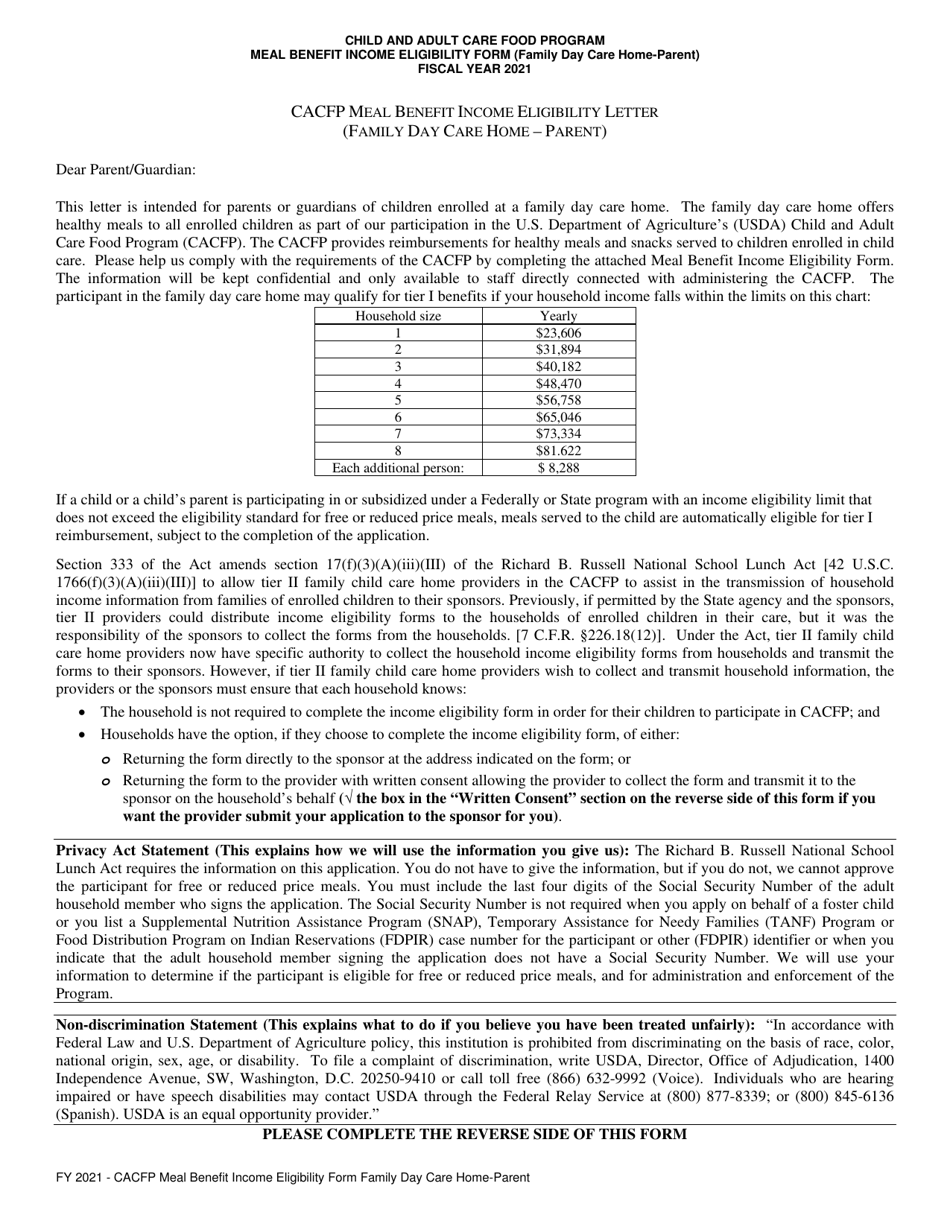 2021 Arizona CACFP Meal Benefit Eligibility Form (Family Day