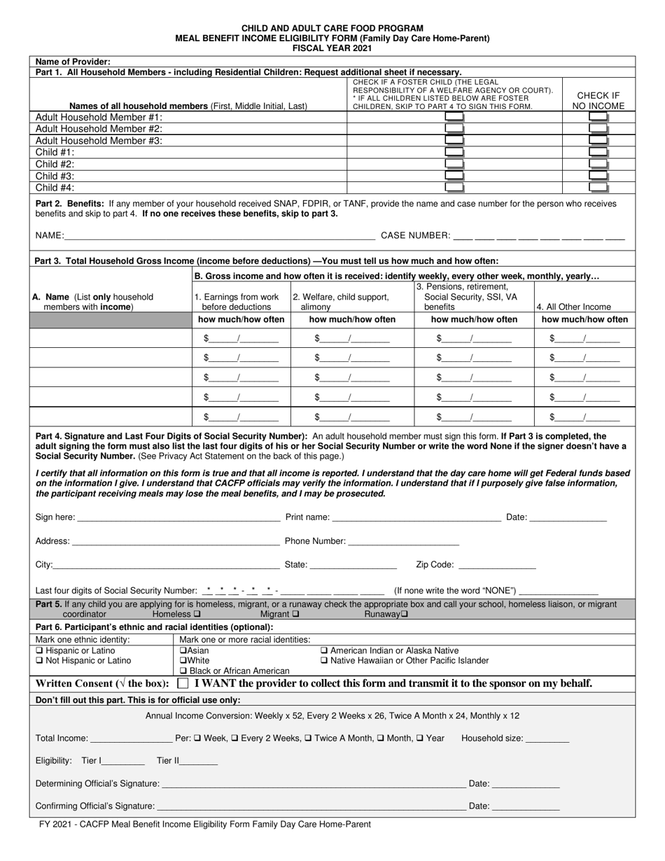 2021 Arizona CACFP Meal Benefit Eligibility Form (Family Day