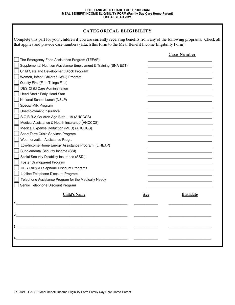 CACFP Meal Benefit Income Eligibility Form (Family Day Care Home - Parent) - Arizona, Page 3