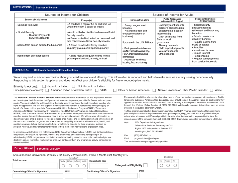 CACFP Meal Benefit Income Eligibility Application - Arizona, Page 2
