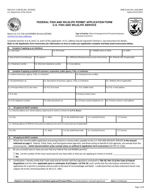 FWS Form 3-200-60 Federal Fish and Wildlife Permit Application Form: Native Endangered & Threatened Species - Interstate Commerce