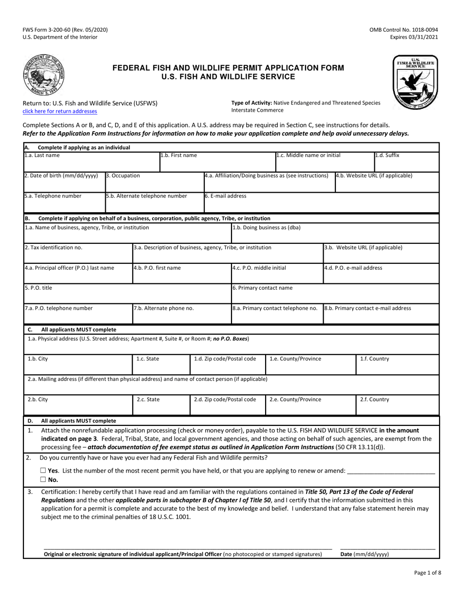 FWS Form 3-200-60 Federal Fish and Wildlife Permit Application Form: Native Endangered  Threatened Species - Interstate Commerce, Page 1