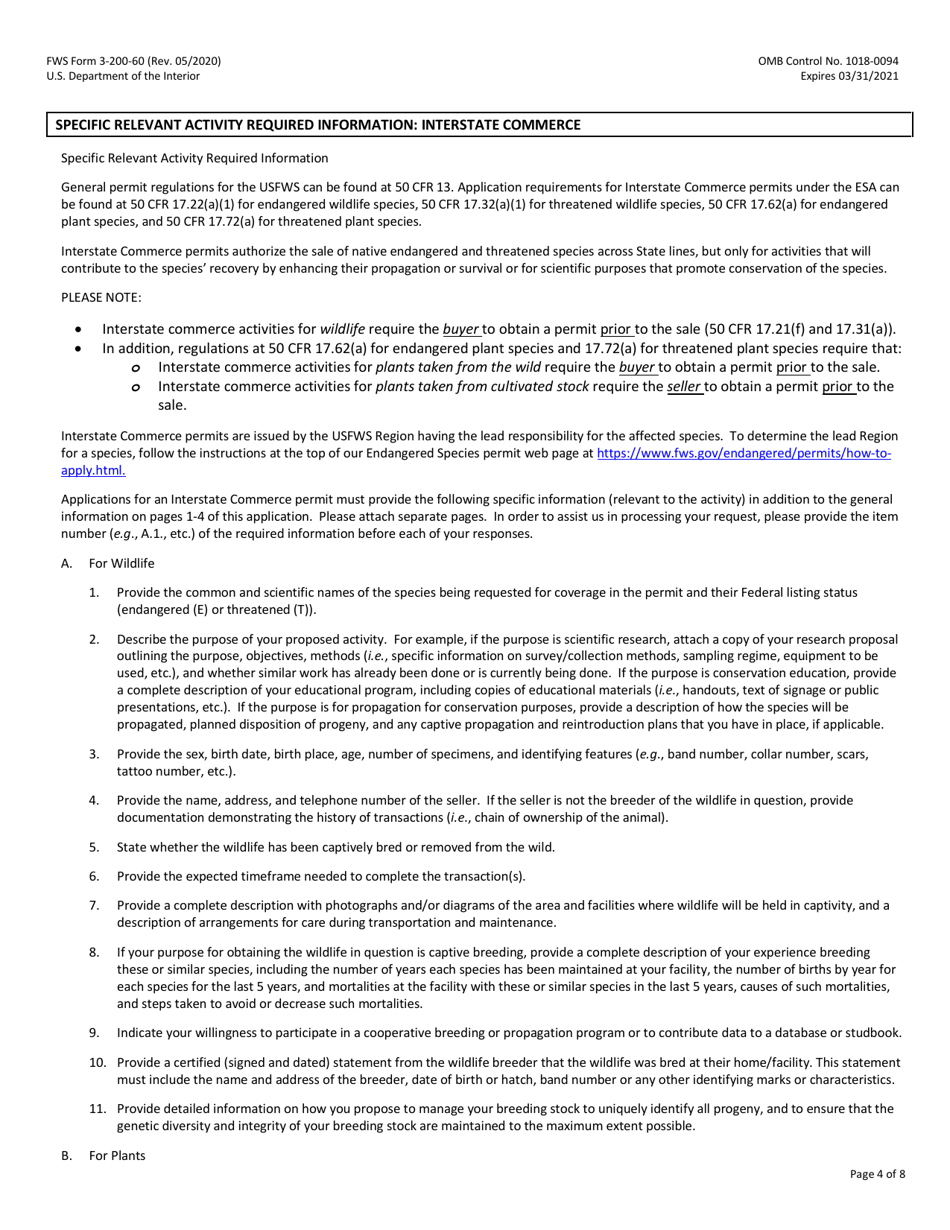 FWS Form 3-200-60 Federal Fish and Wildlife Permit Application Form: Native Endangered  Threatened Species - Interstate Commerce, Page 4