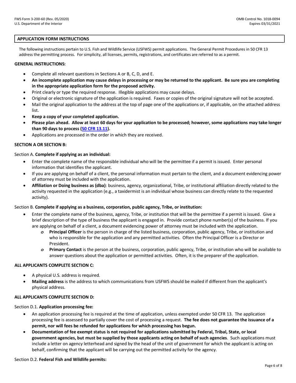 FWS Form 3-200-60 Federal Fish and Wildlife Permit Application Form: Native Endangered  Threatened Species - Interstate Commerce, Page 6