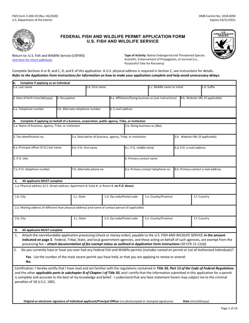 FWS Form 3-200-59 Federal Fish and Wildlife Permit Application Form: Native Endangered & Threatened Species - Scientific, Enhancement of Propagation, or Survival (I.e., Purposeful Take for Recovery)
