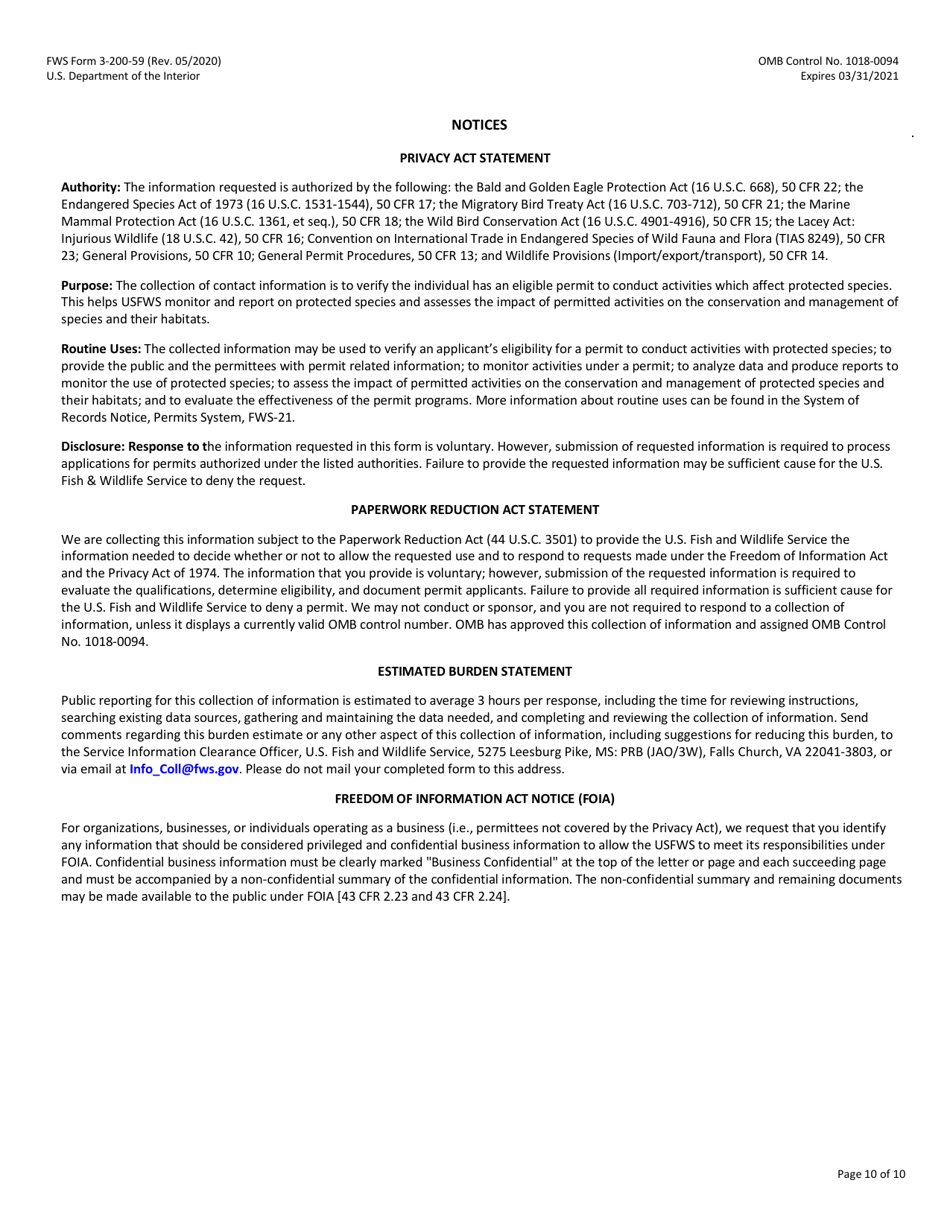 FWS Form 3-200-59 Federal Fish and Wildlife Permit Application Form: Native Endangered  Threatened Species - Scientific, Enhancement of Propagation, or Survival (I.e., Purposeful Take for Recovery), Page 10