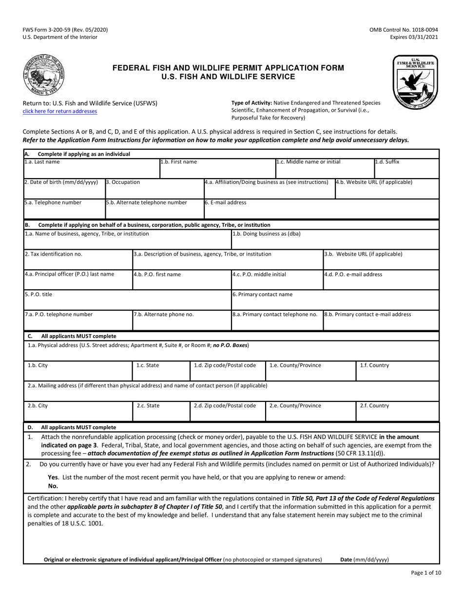 FWS Form 3-200-59 Federal Fish and Wildlife Permit Application Form: Native Endangered  Threatened Species - Scientific, Enhancement of Propagation, or Survival (I.e., Purposeful Take for Recovery), Page 1