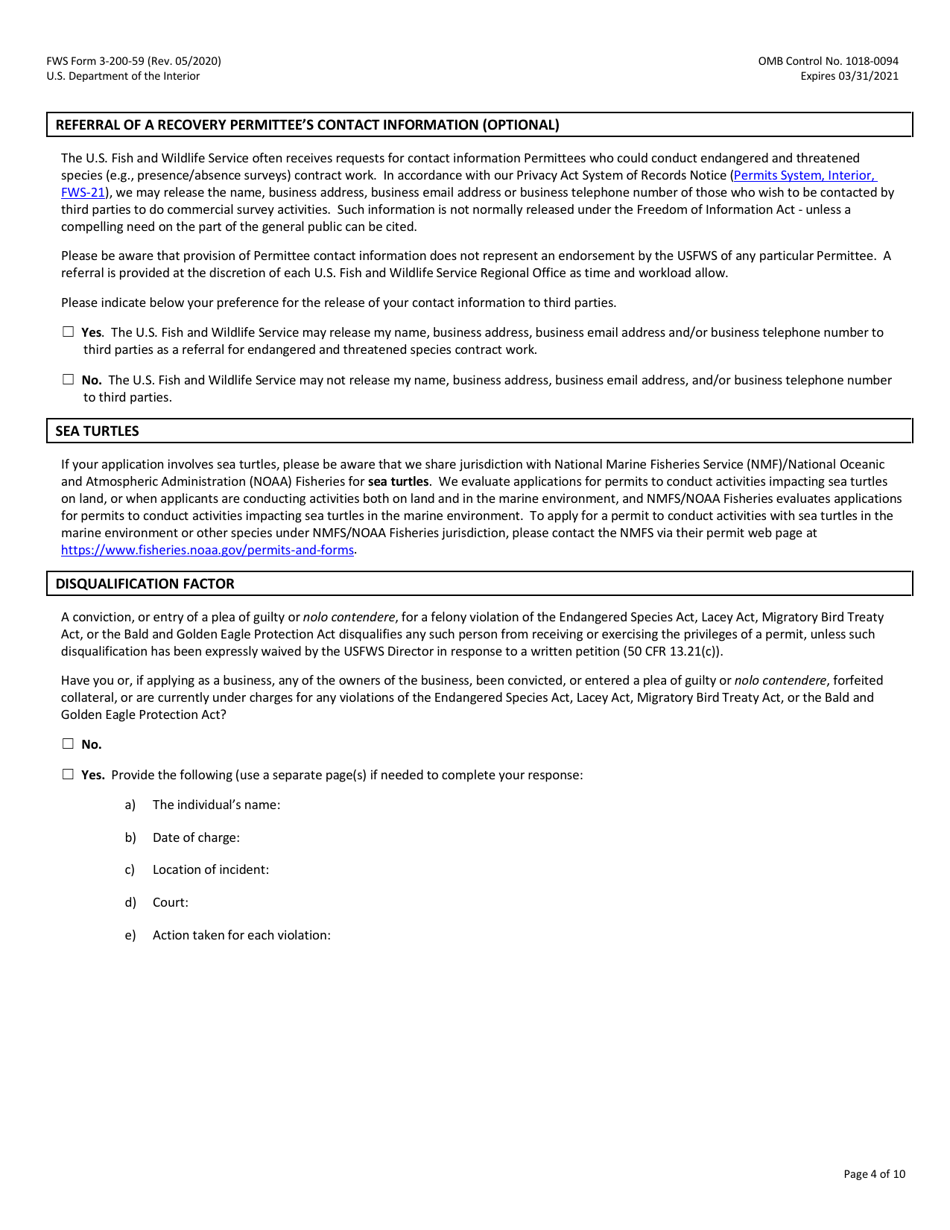FWS Form 3-200-59 Federal Fish and Wildlife Permit Application Form: Native Endangered  Threatened Species - Scientific, Enhancement of Propagation, or Survival (I.e., Purposeful Take for Recovery), Page 4