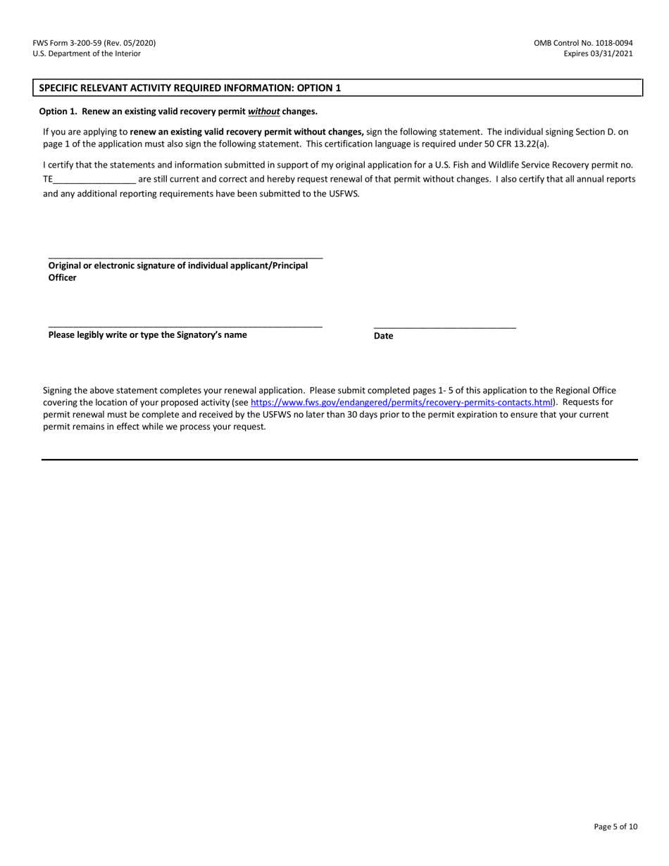 FWS Form 3-200-59 Federal Fish and Wildlife Permit Application Form: Native Endangered  Threatened Species - Scientific, Enhancement of Propagation, or Survival (I.e., Purposeful Take for Recovery), Page 5