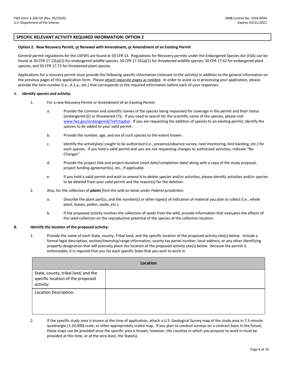 FWS Form 3-200-59 Federal Fish and Wildlife Permit Application Form: Native Endangered  Threatened Species - Scientific, Enhancement of Propagation, or Survival (I.e., Purposeful Take for Recovery), Page 6
