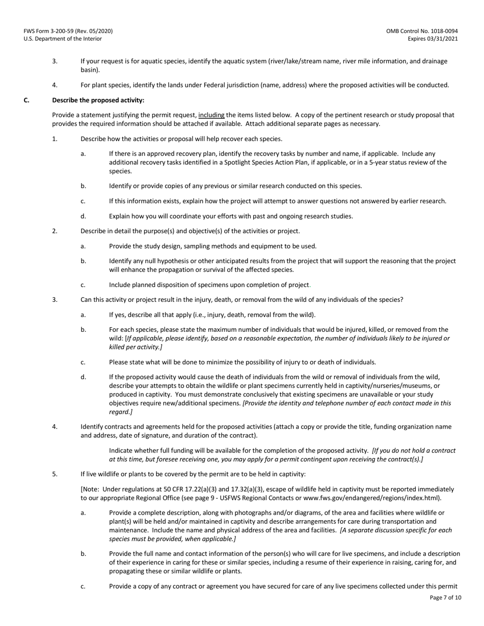 FWS Form 3-200-59 Federal Fish and Wildlife Permit Application Form: Native Endangered  Threatened Species - Scientific, Enhancement of Propagation, or Survival (I.e., Purposeful Take for Recovery), Page 7
