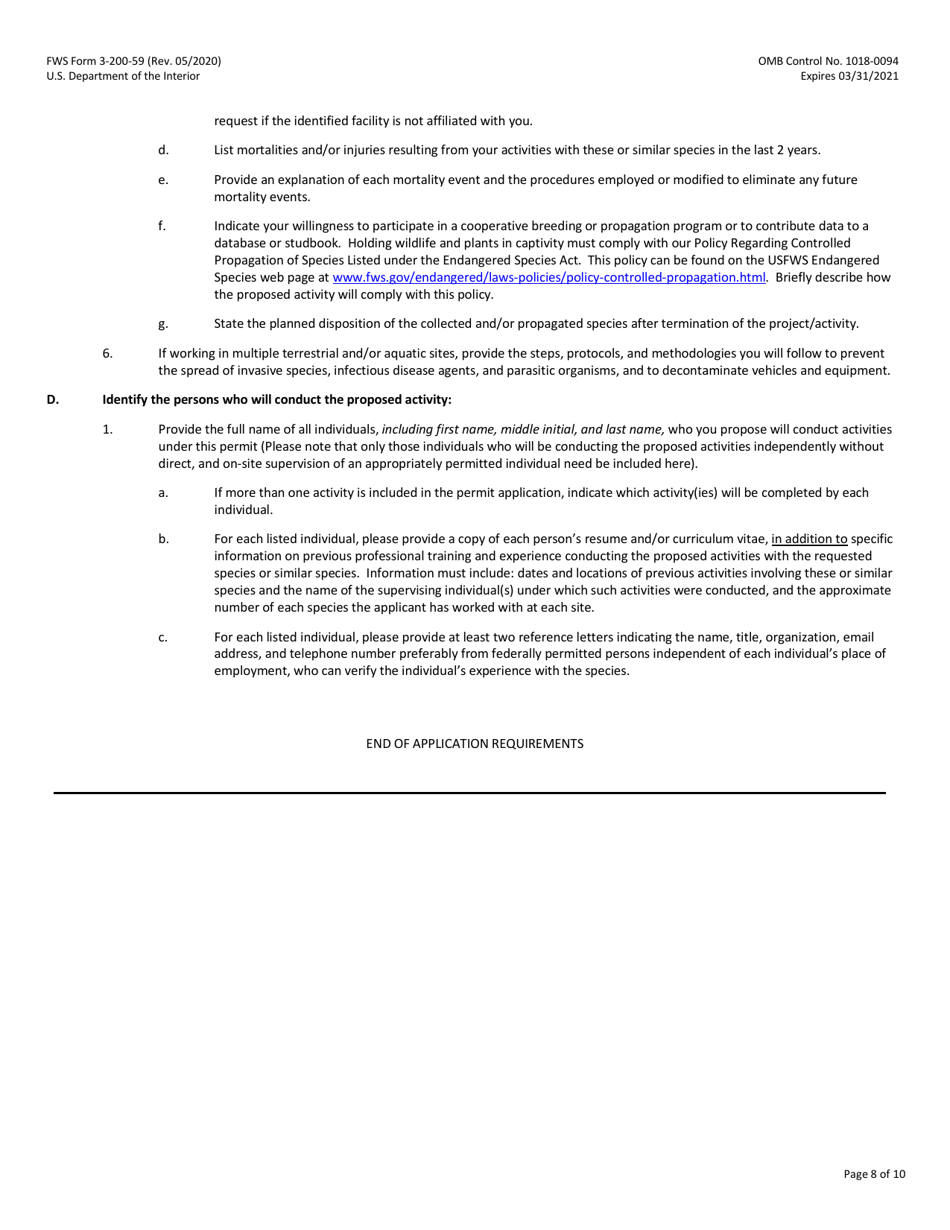 FWS Form 3-200-59 Federal Fish and Wildlife Permit Application Form: Native Endangered  Threatened Species - Scientific, Enhancement of Propagation, or Survival (I.e., Purposeful Take for Recovery), Page 8