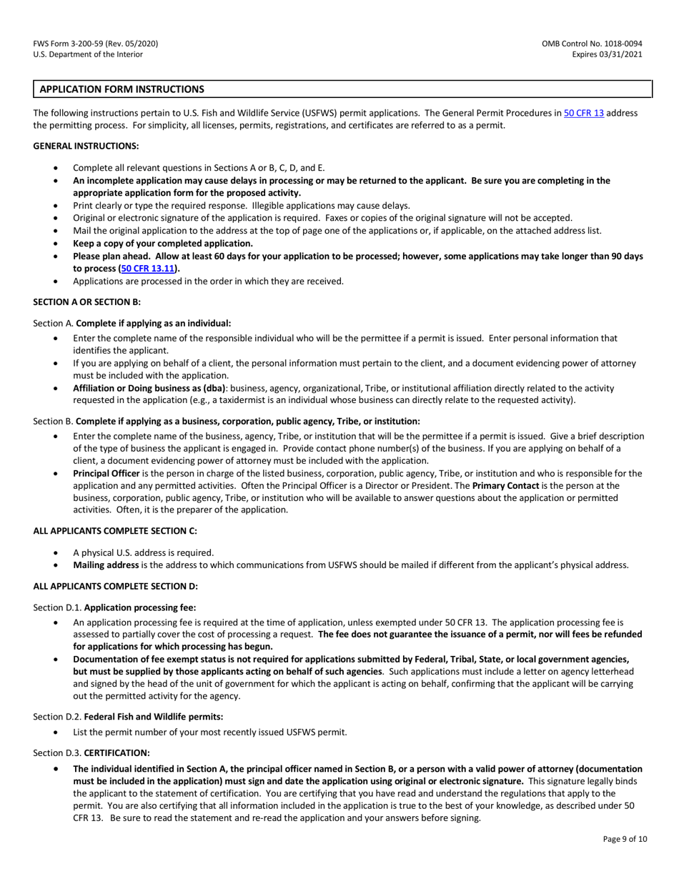 FWS Form 3-200-59 Federal Fish and Wildlife Permit Application Form: Native Endangered  Threatened Species - Scientific, Enhancement of Propagation, or Survival (I.e., Purposeful Take for Recovery), Page 9