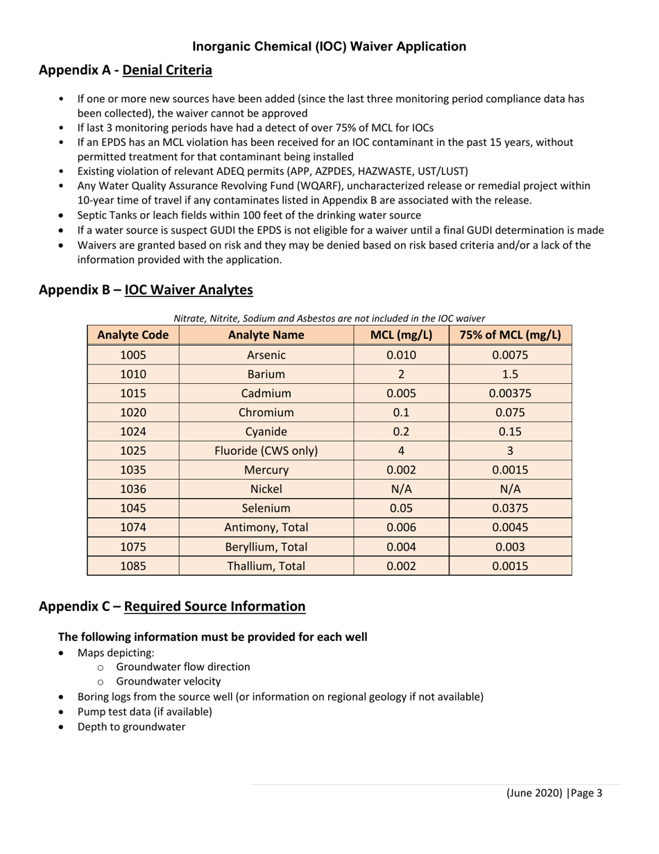 Inorganic Chemical (Ioc) Monitoring Waiver Application - Groundwater Sources Only - Arizona, Page 3