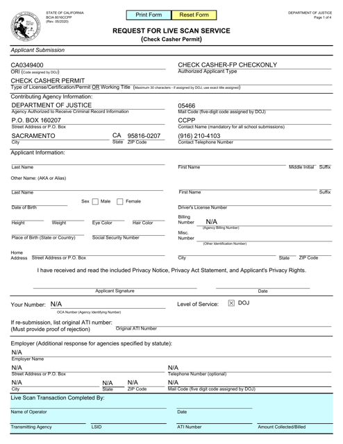Form BCIA8016CCPP Request for Live Scan Service (Check Casher Permit) - California