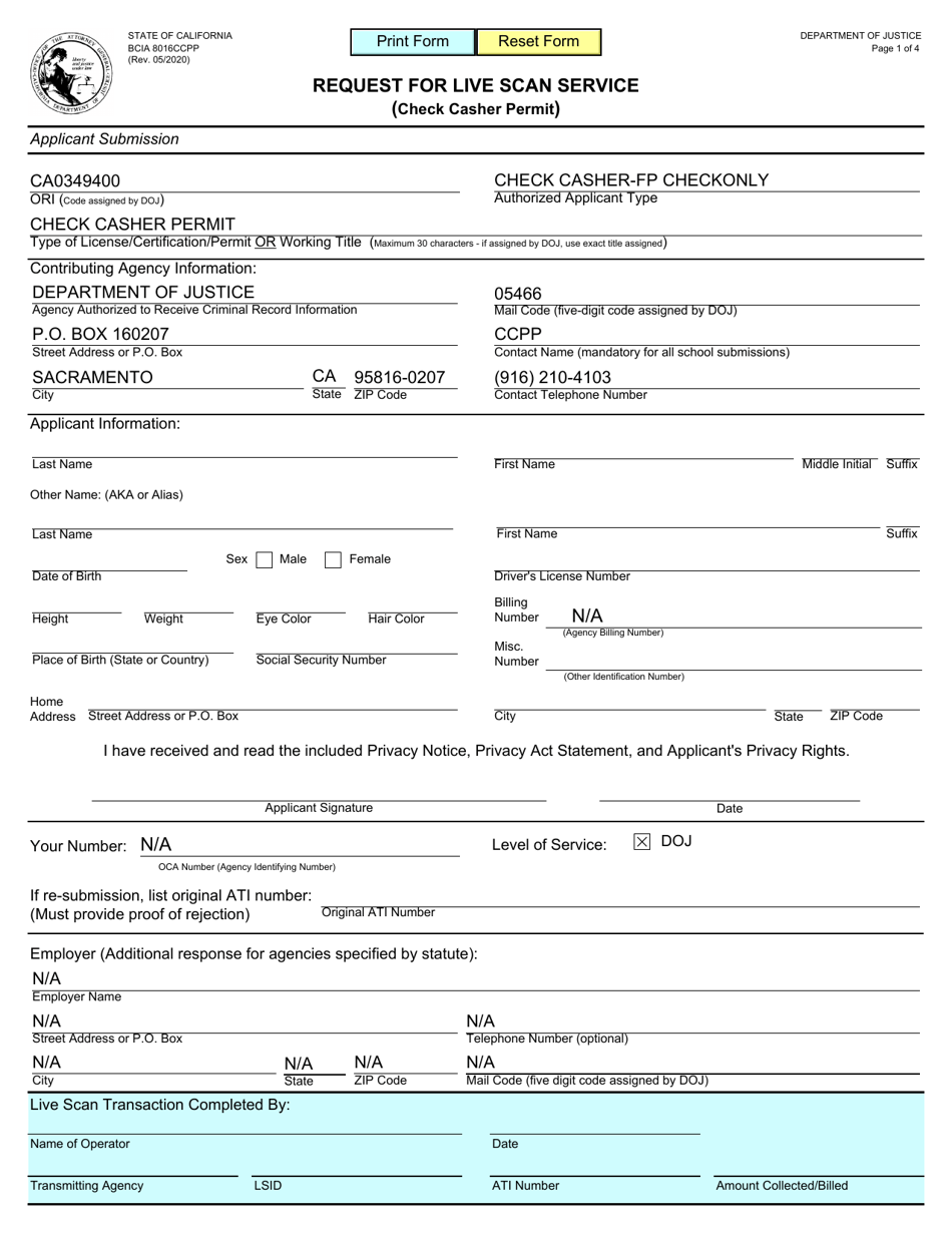 Form BCIA8016CCPP Request for Live Scan Service (Check Casher Permit) - California, Page 1