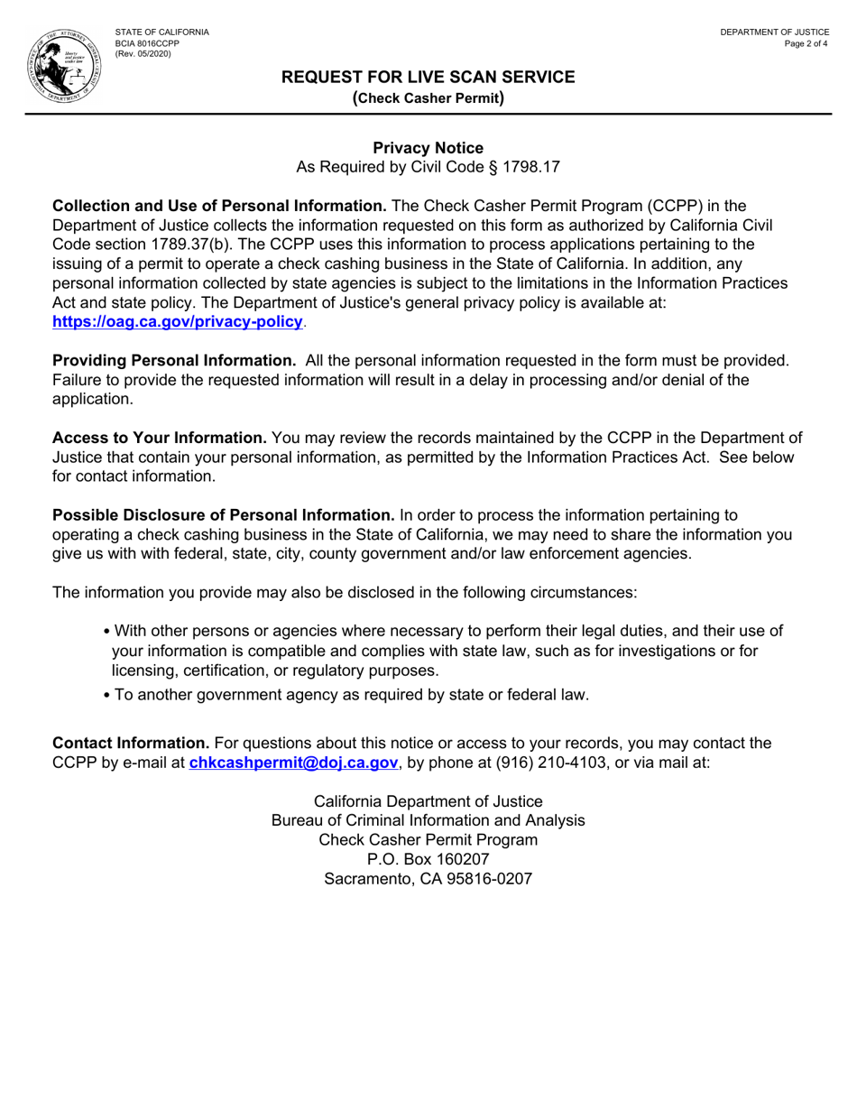 Form BCIA8016CCPP Request for Live Scan Service (Check Casher Permit) - California, Page 2