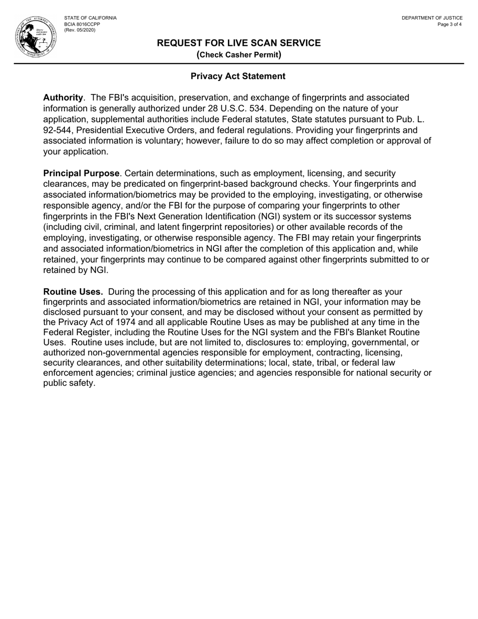 Form BCIA8016CCPP Request for Live Scan Service (Check Casher Permit) - California, Page 3