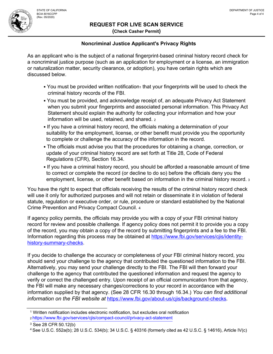 Form BCIA8016CCPP Request for Live Scan Service (Check Casher Permit) - California, Page 4